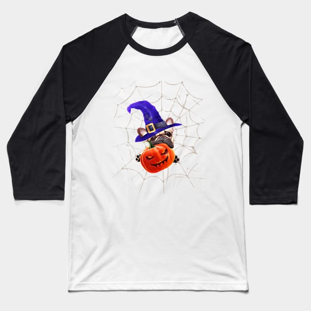 French bulldog, witch hat and Spider web, scary Halloween, jack pumpkin, spooky Baseball T-Shirt by Collagedream